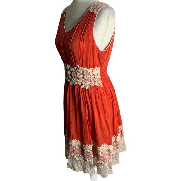 Vasna Fit N Flare Cotton Lace Dress L Coral Orange V Neck Lined Boho Knee Length - Picture 4 of 7